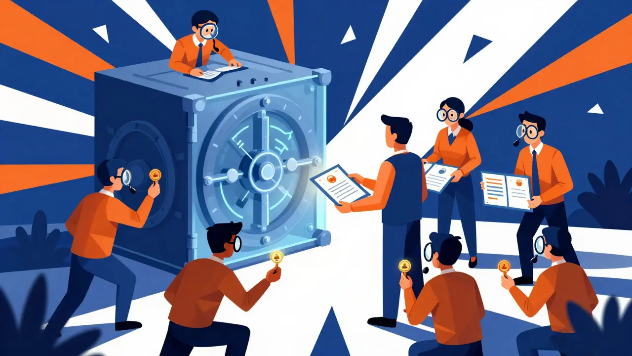 Stylized researchers inspecting digital vault and exchanging bounty rewards