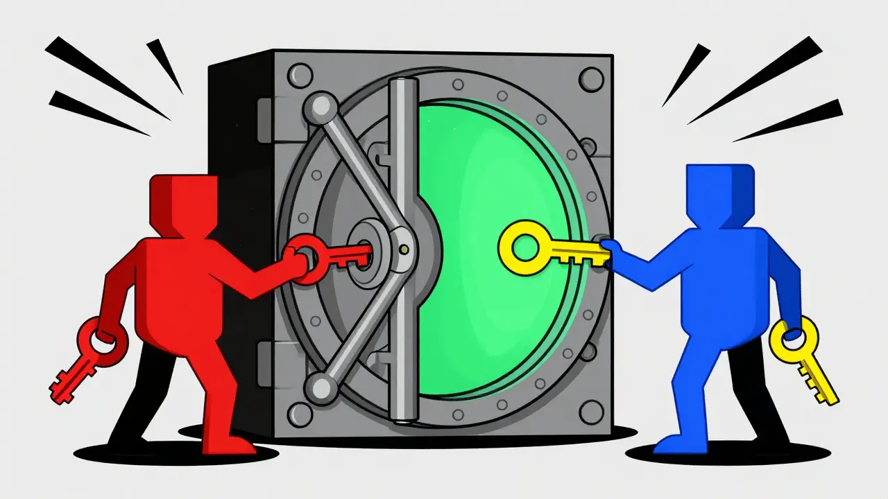 Three figures securing a vault with multiple keys together
