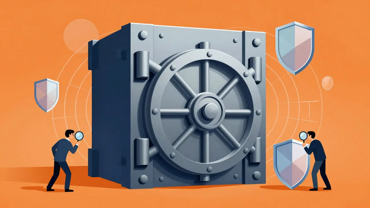 Abstract constructivist art of a secure vault protected by geometric shields and radar patterns