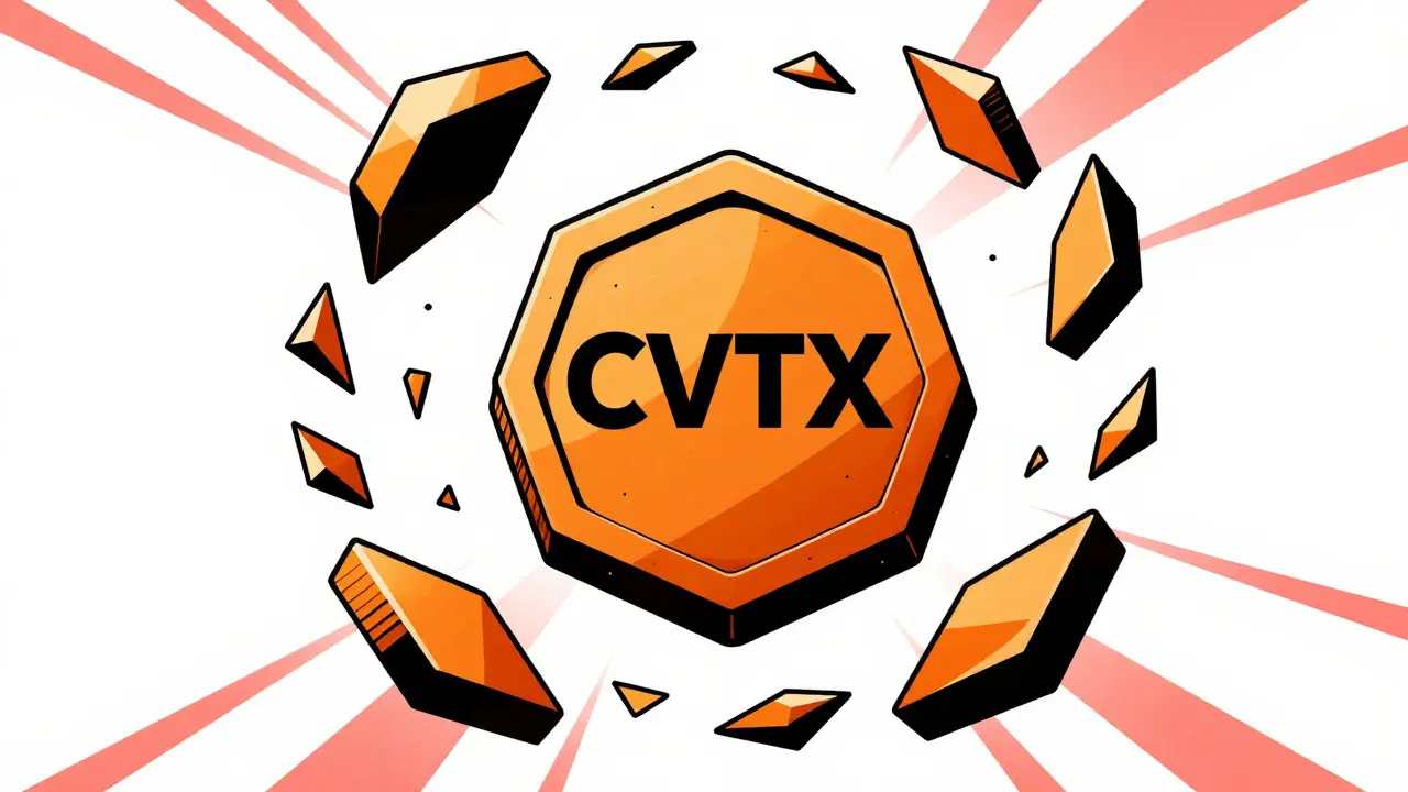 Abstract constructivist art showing a central crypto coin surrounded by volatile geometric shards