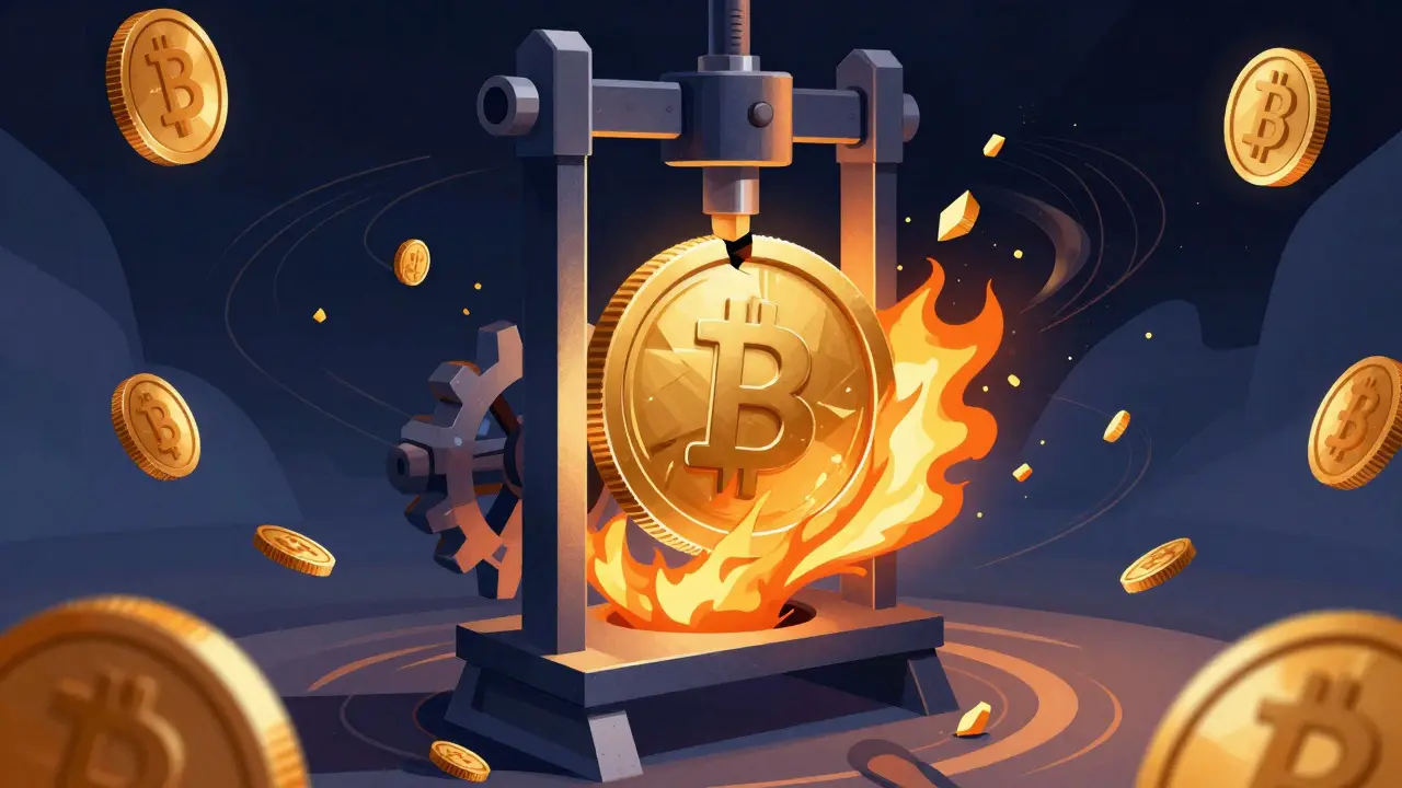 Abstract constructivist art showing a coin being crushed to represent token burning