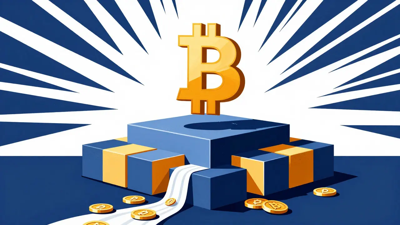 Abstract constructivist art showing asset-backed token stability with Bitcoin support