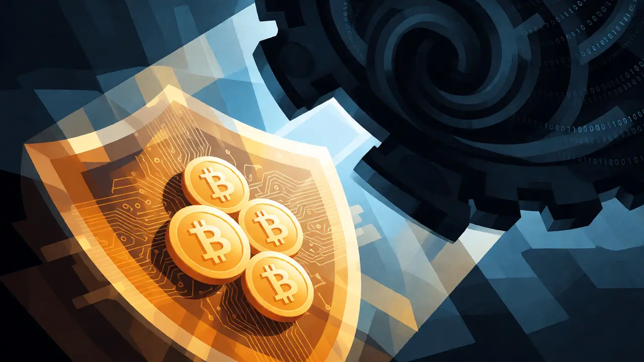 Abstract geometric scene showing a quantum threat looming over a protected, shifting crypto shield.