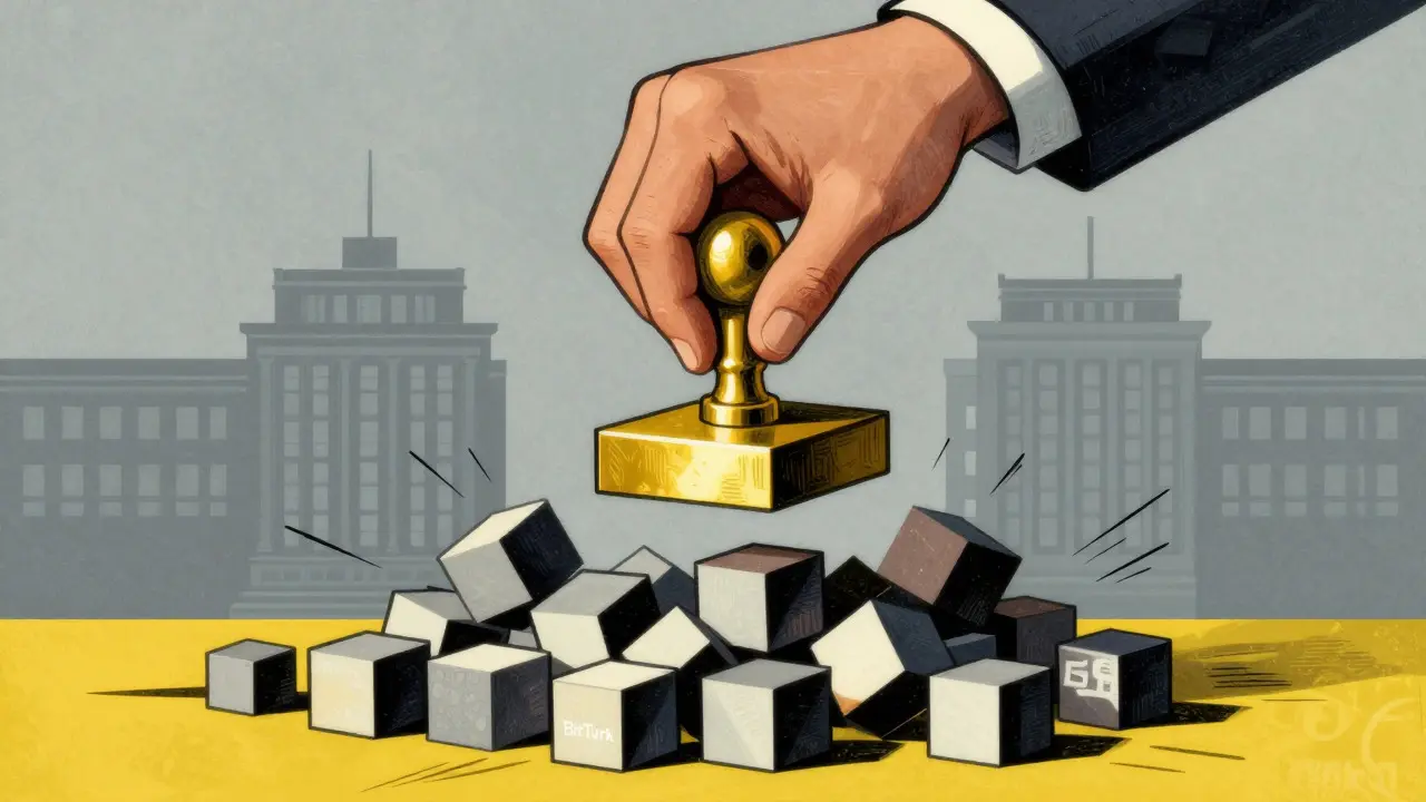 Abstract illustration of government regulation stamping down on unlicensed platforms