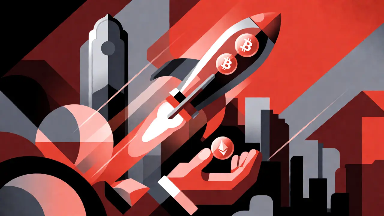 Abstract rocket launching coins to symbolize fast non-custodial swaps