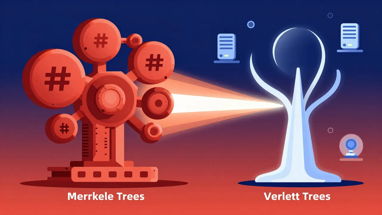 Comparison of bulky traditional tree vs sleek streamlined Verkle tree structure.