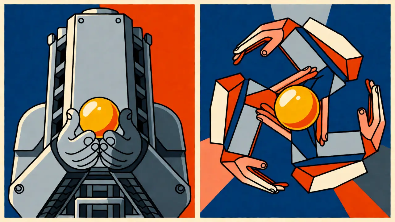 Constructivist art contrasting a central tower holding a coin with a multi-shard MPC protective ring.