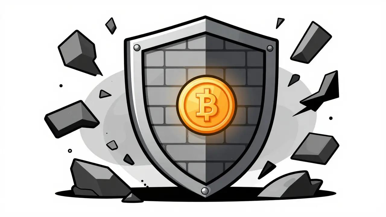 Constructivist art of a protective shield guarding a glowing token from chaos