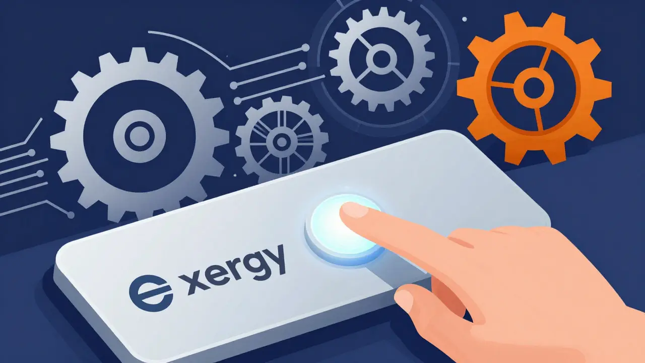 Constructivist art showing a user pressing a button to trade energy with hidden technical gears behind