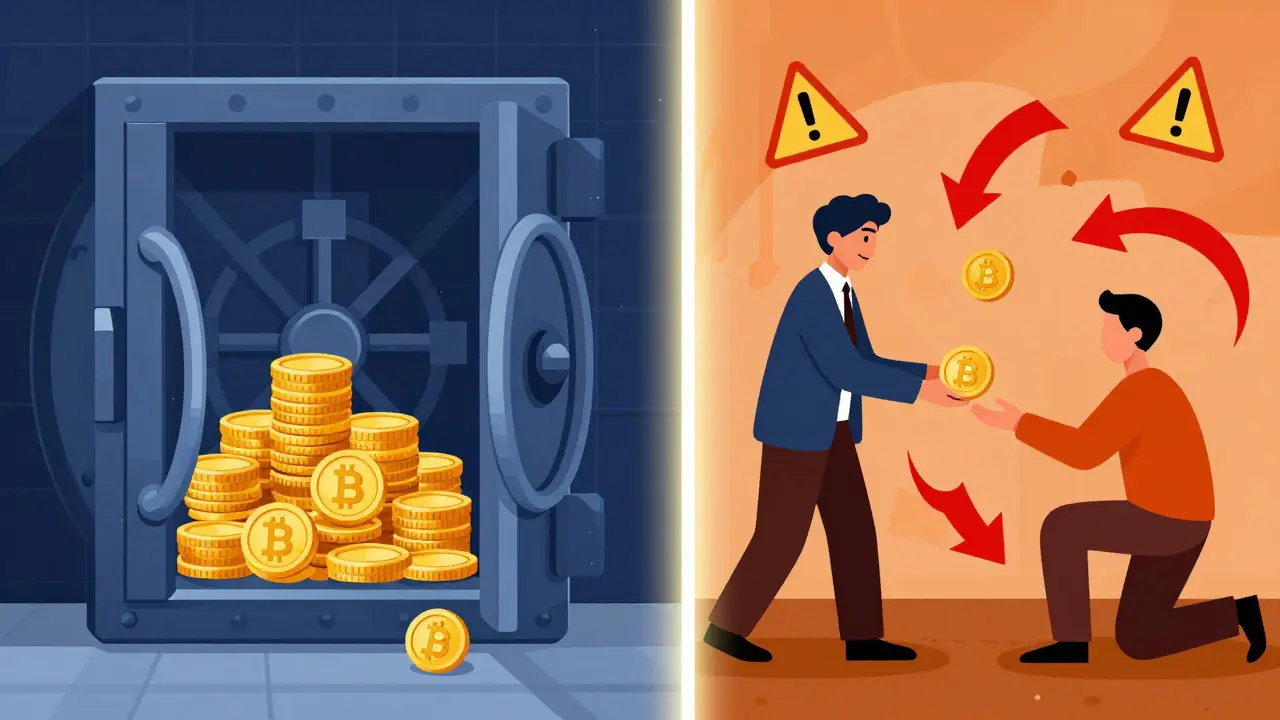 Constructivist art showing the difference between holding crypto in a vault and using it for payment