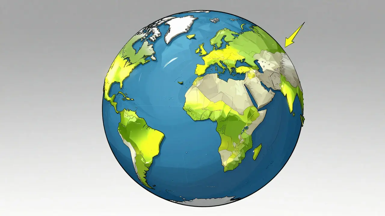 Constructivist globe illustration showing a detached US shard amidst brightly lit active trading regions