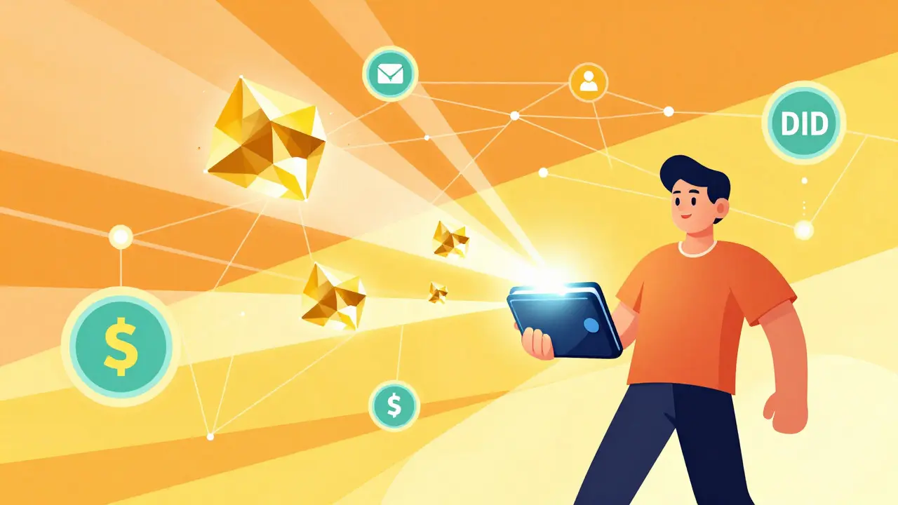 Constructivist illustration of a person using a digital wallet with glowing credentials