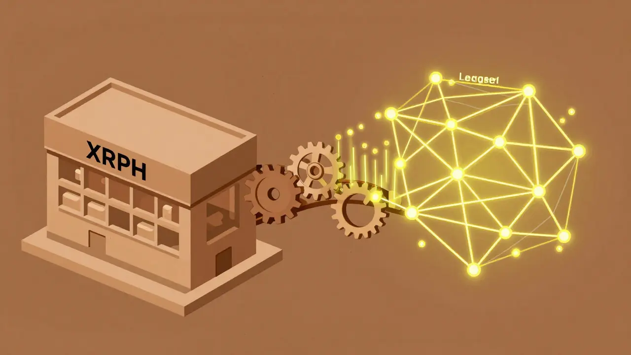 Constructivist style image linking physical pharmacies with a digital blockchain network
