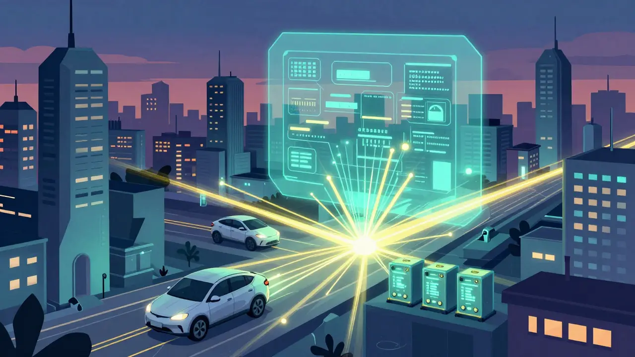 Futuristic cartoon city where electric vehicles and batteries exchange power with the grid