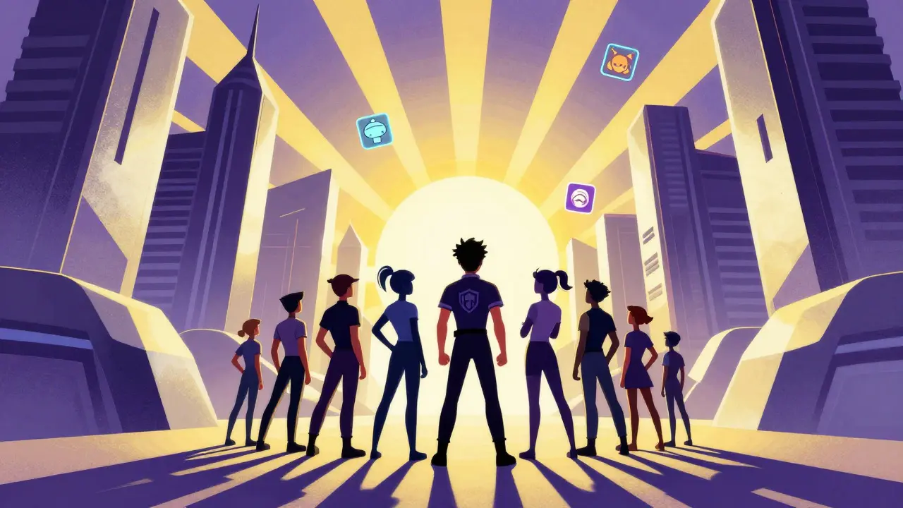 Futuristic constructivist city scene showing gamers looking toward a bright, promising horizon