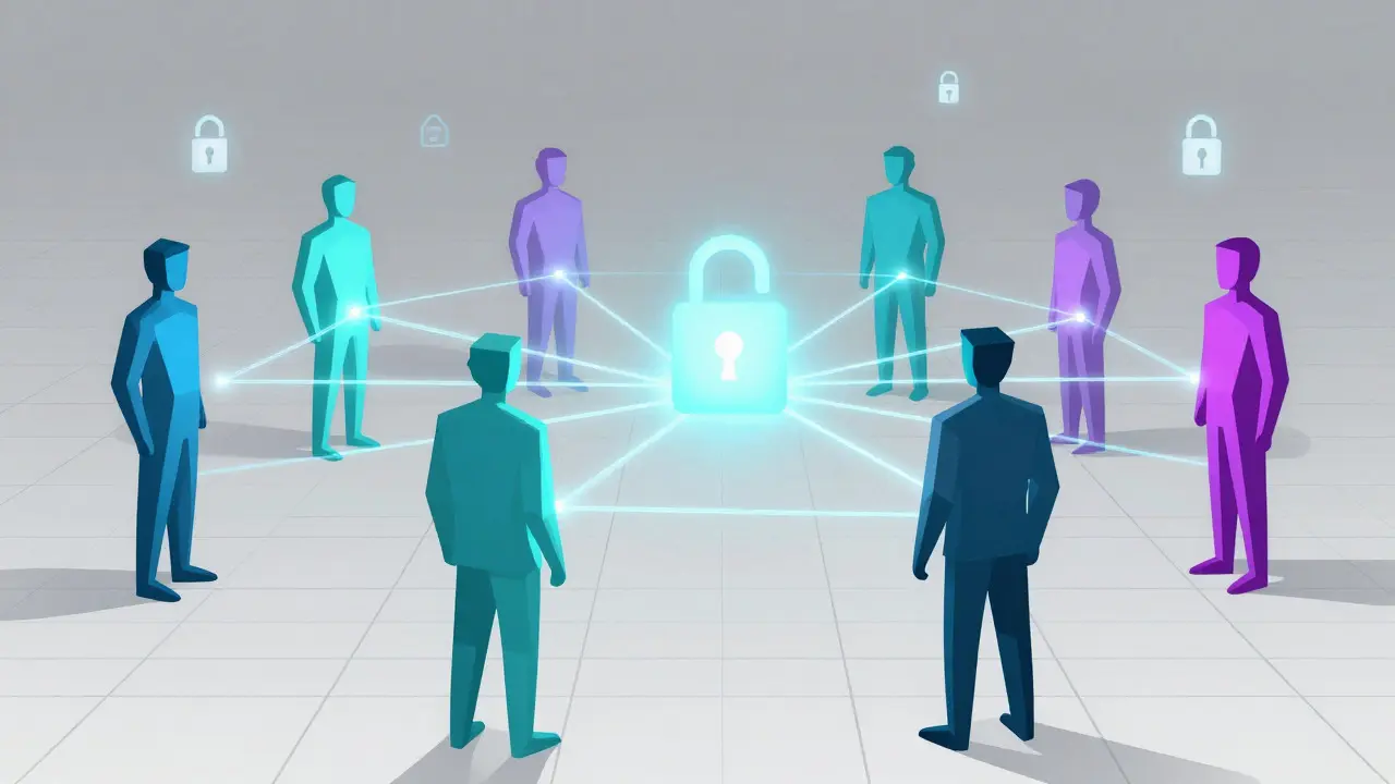 Futuristic geometric figures connected by glowing lines symbolizing decentralized verification.
