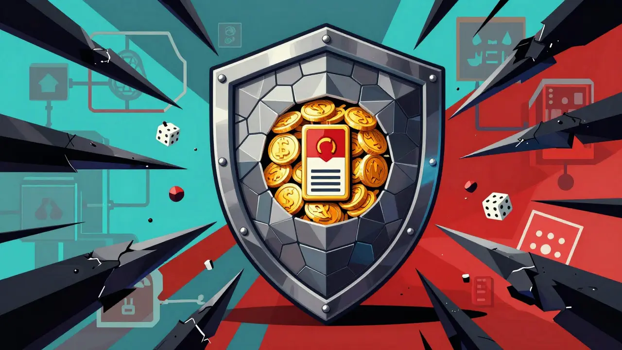 Futuristic geometric shield protecting assets from quantum threats and tampering.