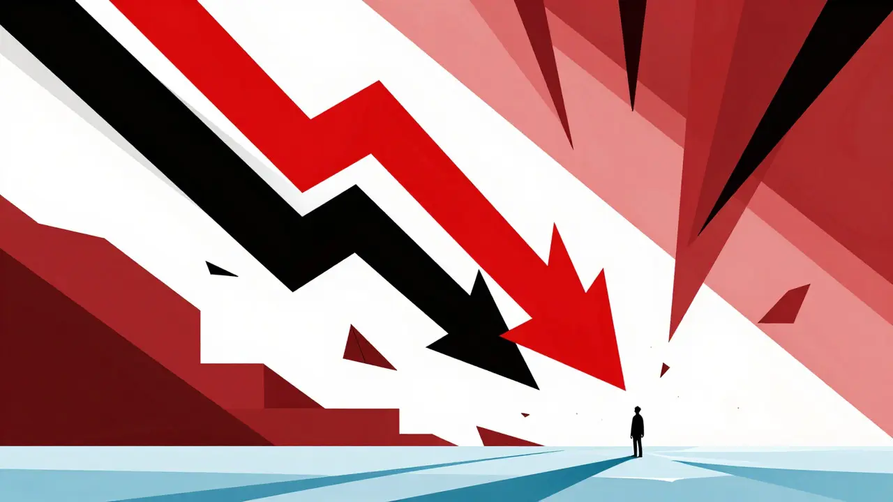 Geometric art showing a steep red arrow crashing down, symbolizing massive cryptocurrency price decline.