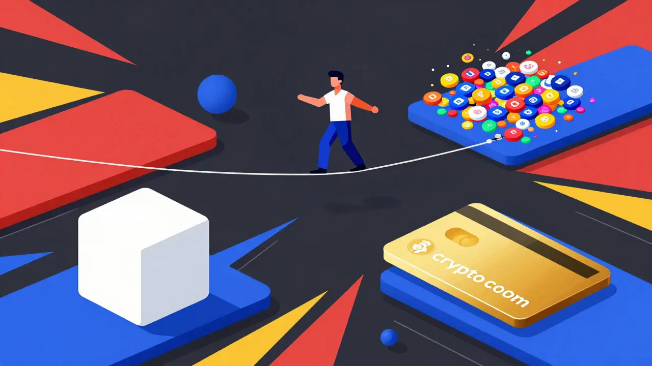 Geometric figure balancing on tightrope between different crypto trading platforms