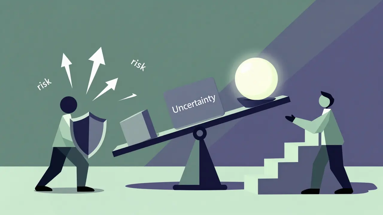 Geometric figures balancing risk shields against rising opportunity stairs