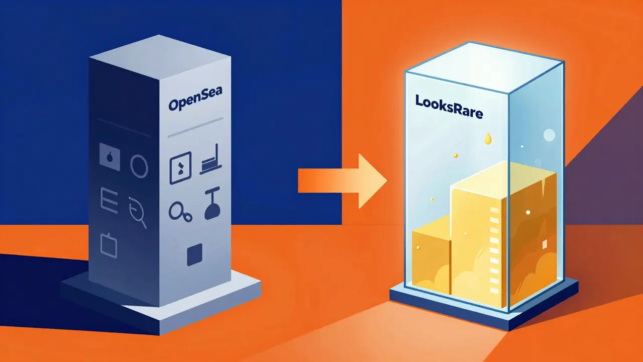 Geometric illustration contrasting opaque reputation towers with transparent volume metrics.