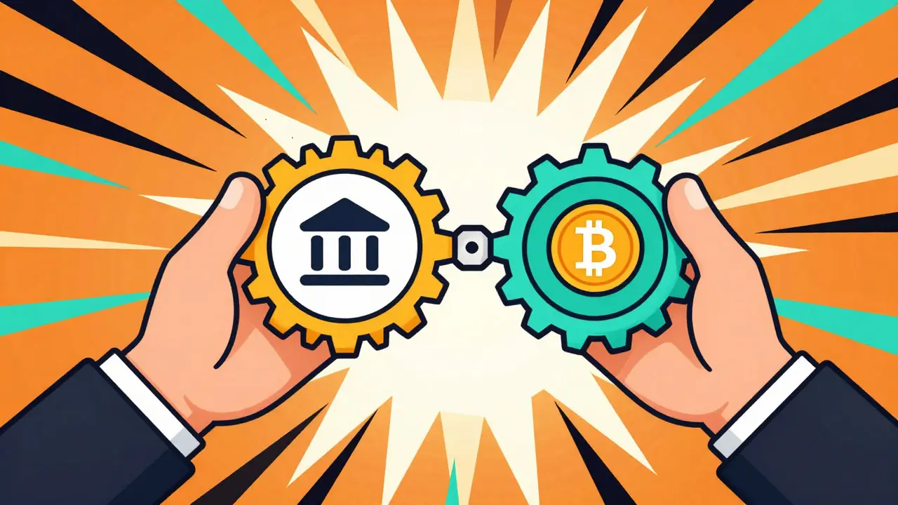 Geometric illustration linking bank accounts to crypto exchanges