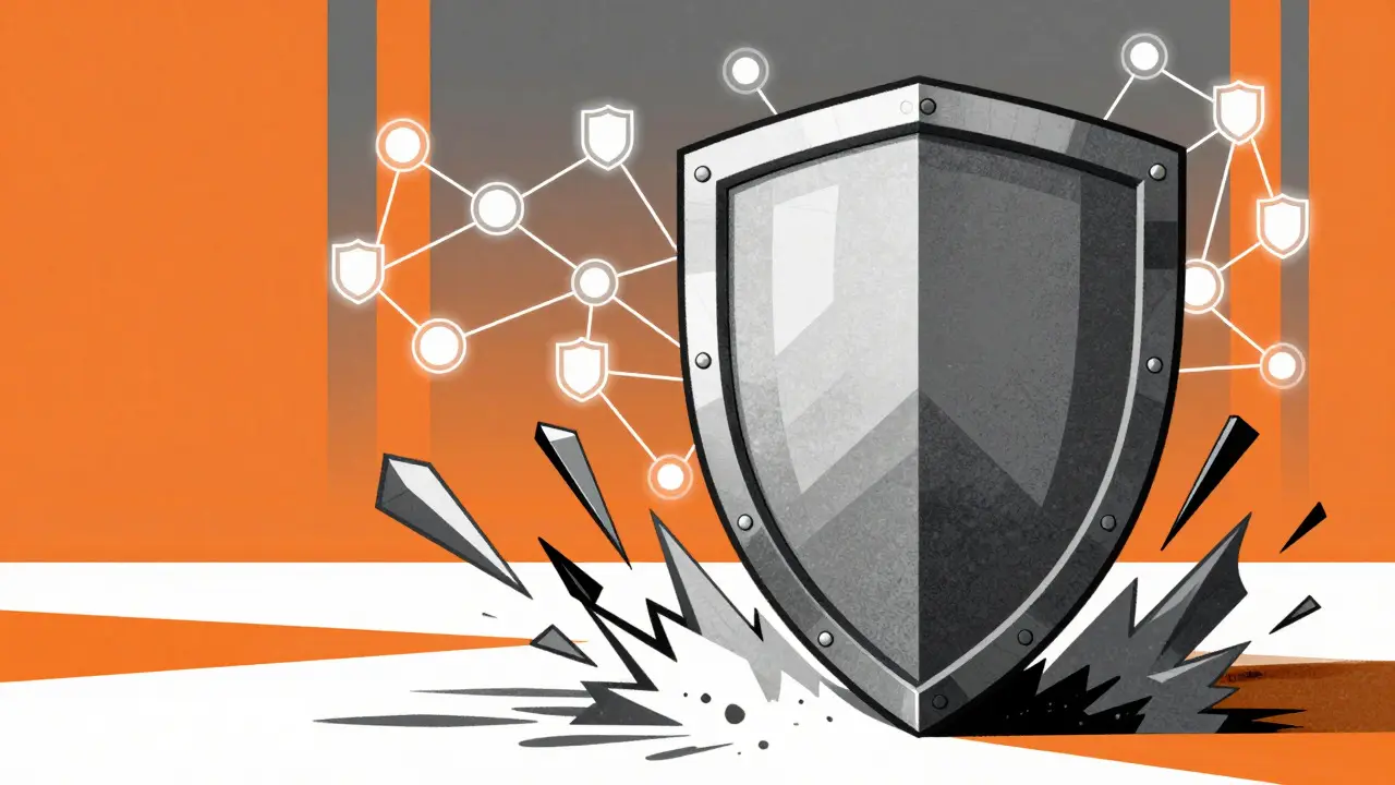Geometric shield blocking chaotic shards in futuristic illustration
