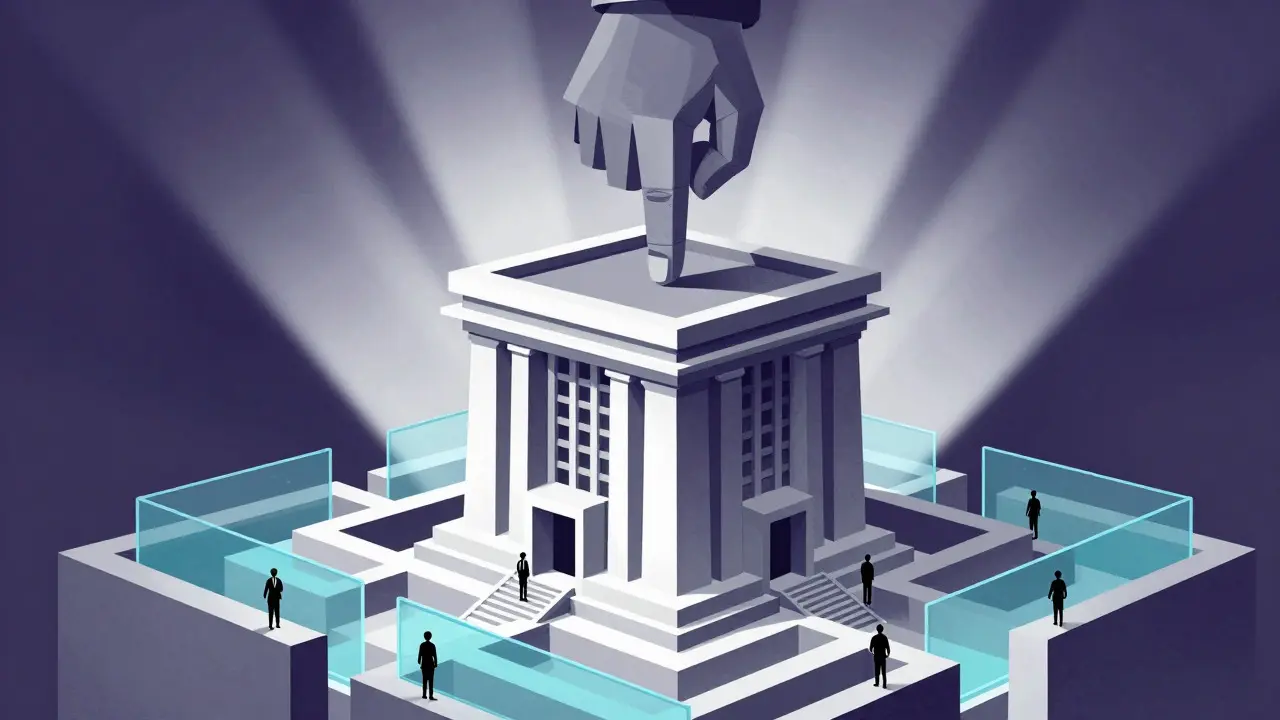 Graphic illustration of a central bank tower overseeing financial transactions with geometric barriers