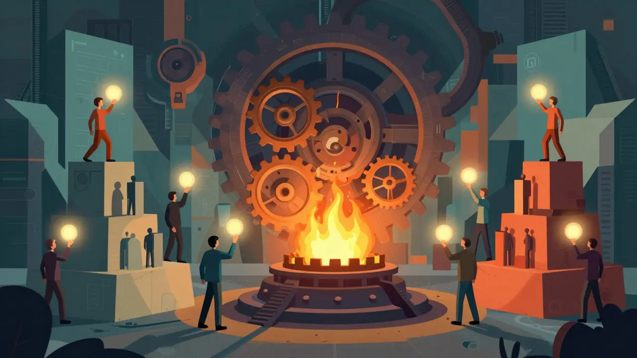 Illustration of industrial gears and a furnace symbolizing GZONE token burn and staking tiers