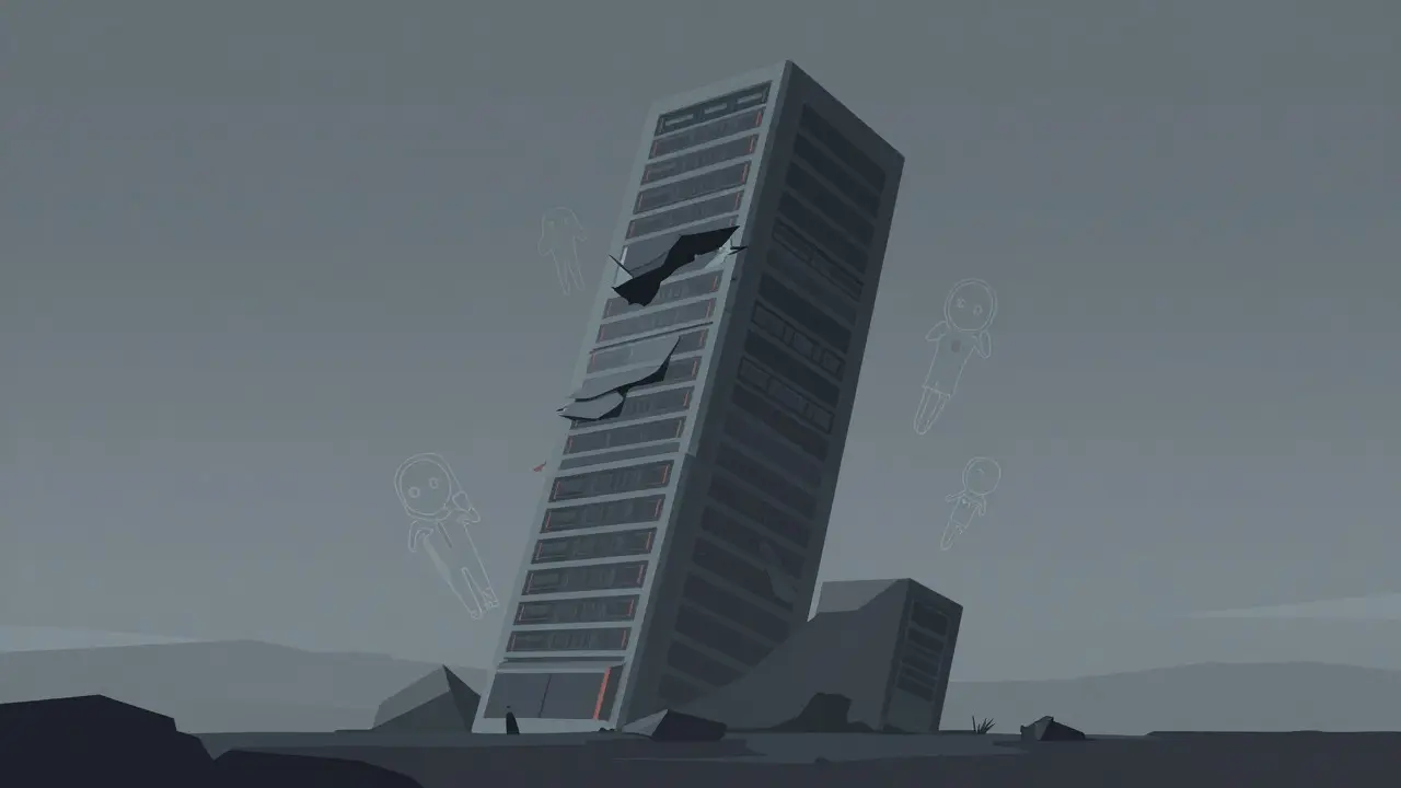 Muted cartoon illustration of a broken metaverse tower with fading avatar silhouettes
