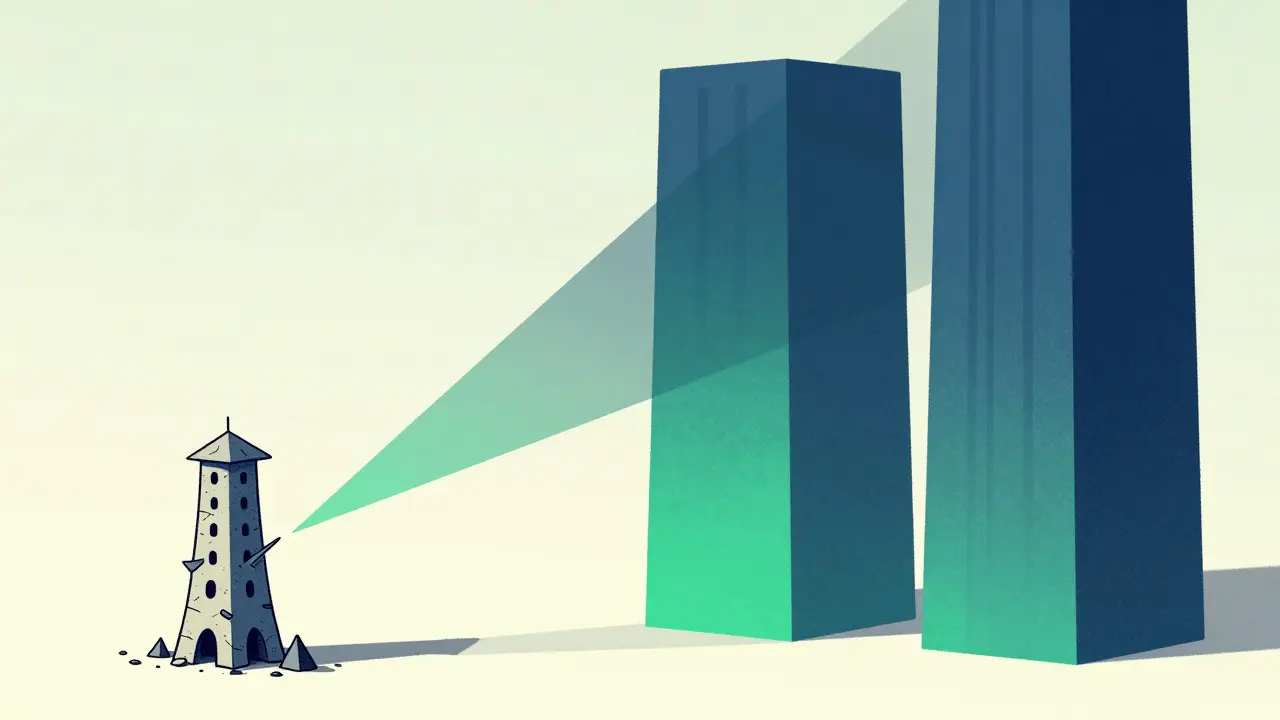 Small fragile tower vs giant stable blocks, constructivist illustration