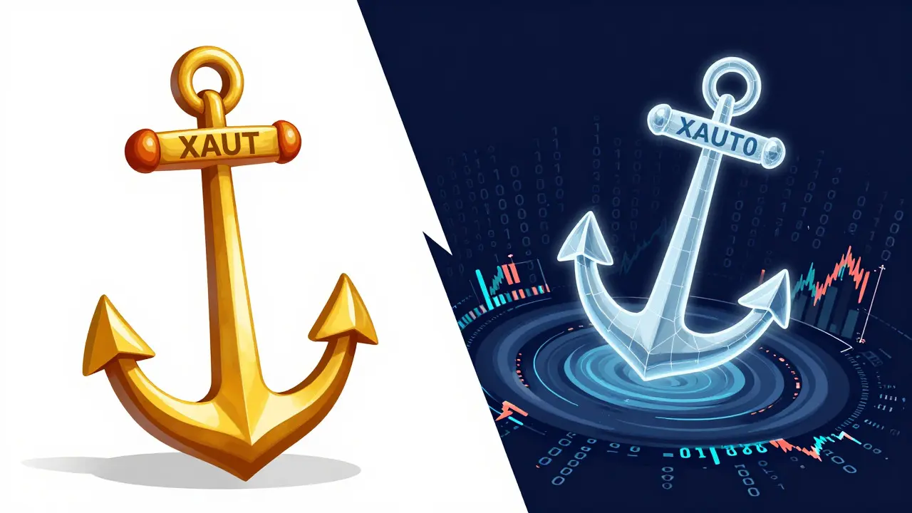 Solid gold anchor vs wireframe ghost anchor, illustrating XAUT vs XAUT0 difference