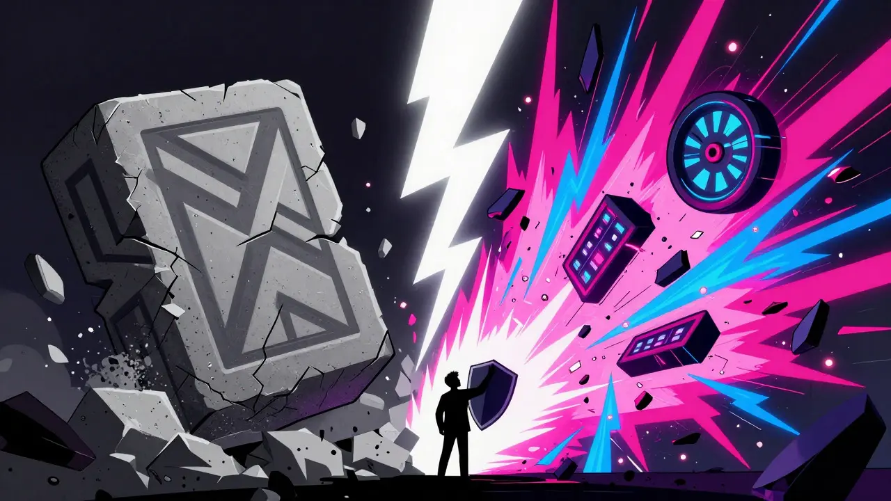Split-screen illustration showing a crumbling block versus a chaotic neon explosion