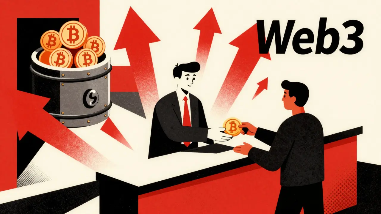 Stylized constructivist scene of crypto payments and Bitcoin staking rewards