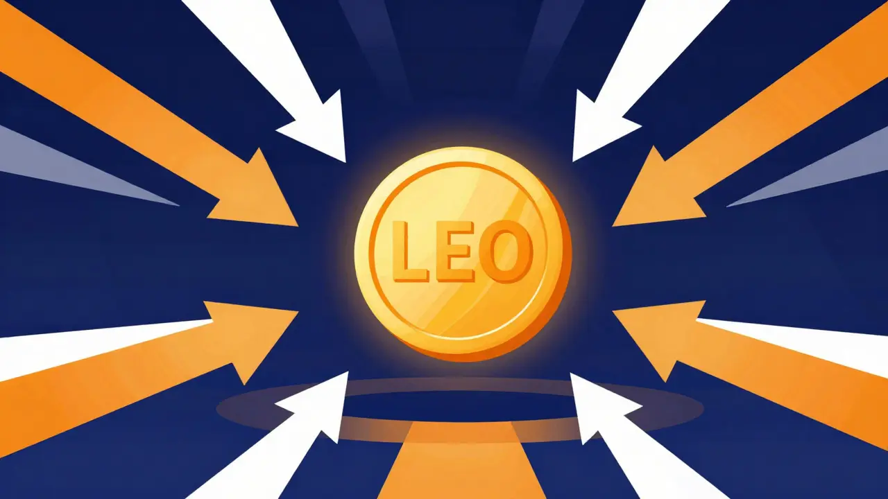 Stylized illustration of a golden LEO token surrounded by geometric discount symbols