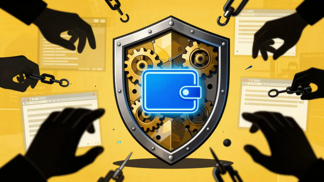 Stylized image of a geometric shield protecting a digital wallet from shadowy scammer hands.