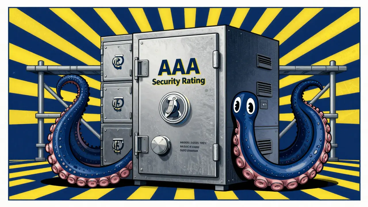 Stylized kraken protecting crypto vaults in constructivist art style