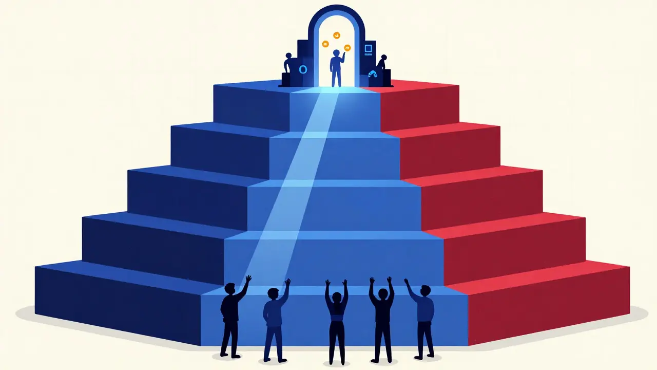 Stylized pyramid of blocks with figures reaching for a glowing portal of game assets