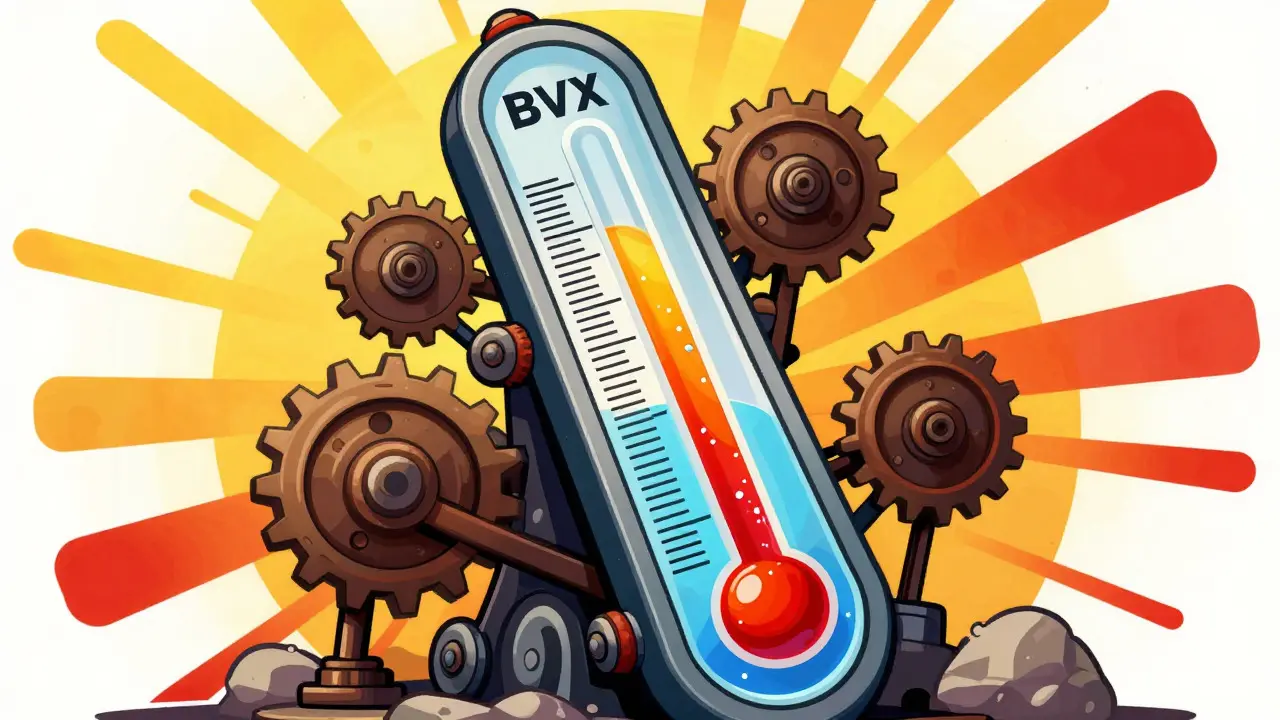 Stylized thermometer integrated with mechanical gears representing market stress