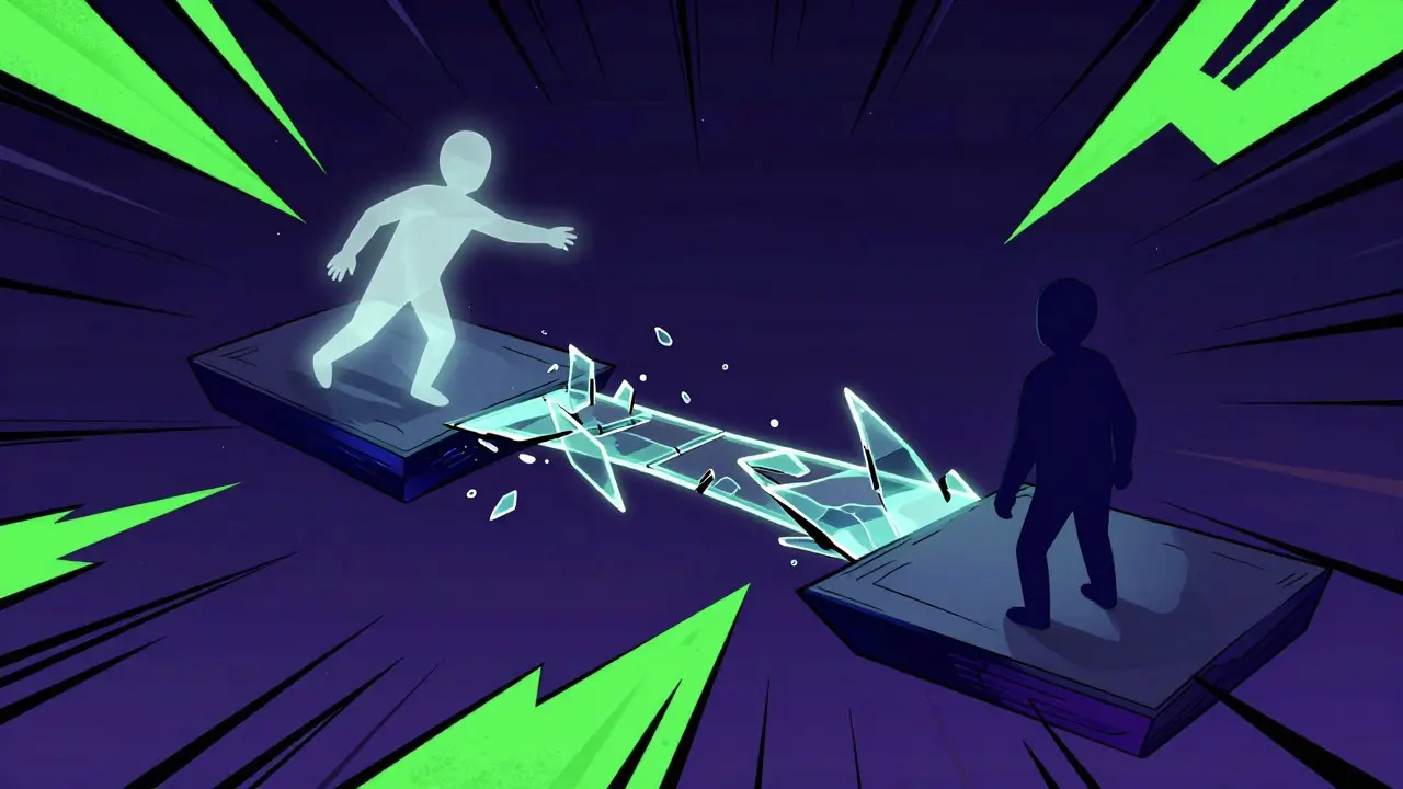 Two figures on separate platforms connected by a fragile glowing bridge