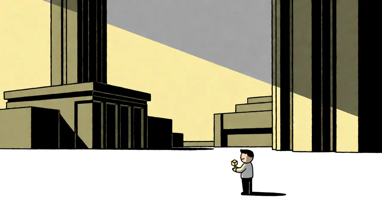 A small figure holding a glowing cube amidst large, distant architectural structures.