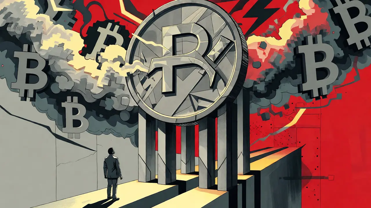 A solid ruble coin shielding a small business from chaotic cryptocurrency clouds.