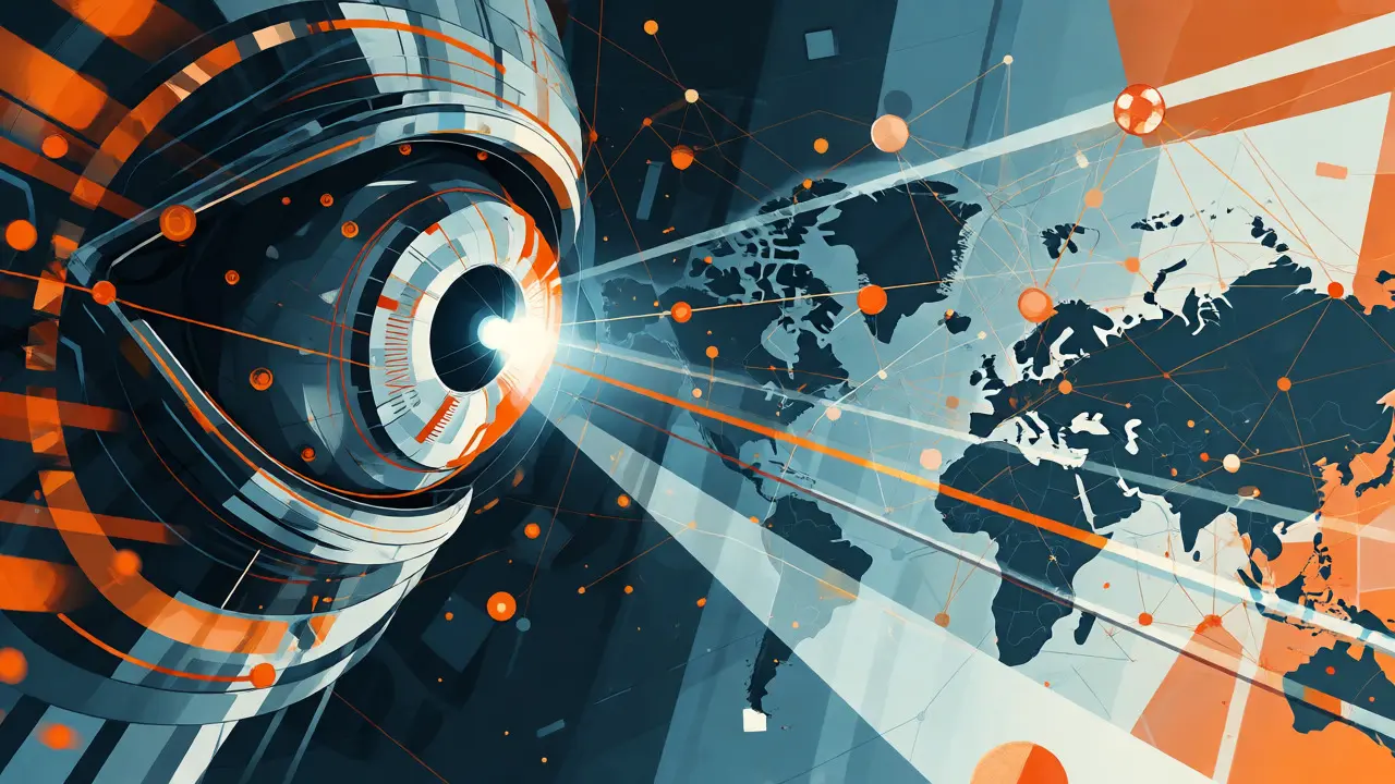 Abstract constructivist depiction of AI scanning a global supply chain network of connected nodes.