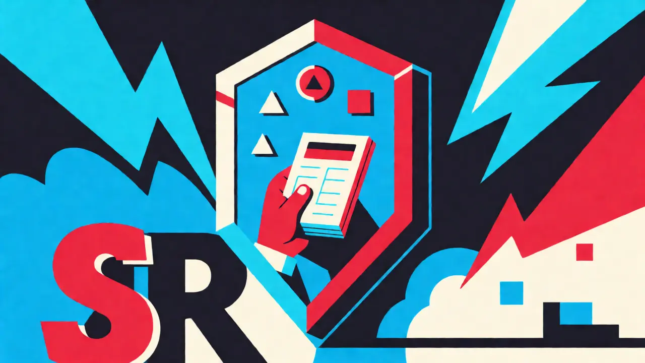 Abstract constructivist design featuring a shield protecting digital assets and governance tokens.