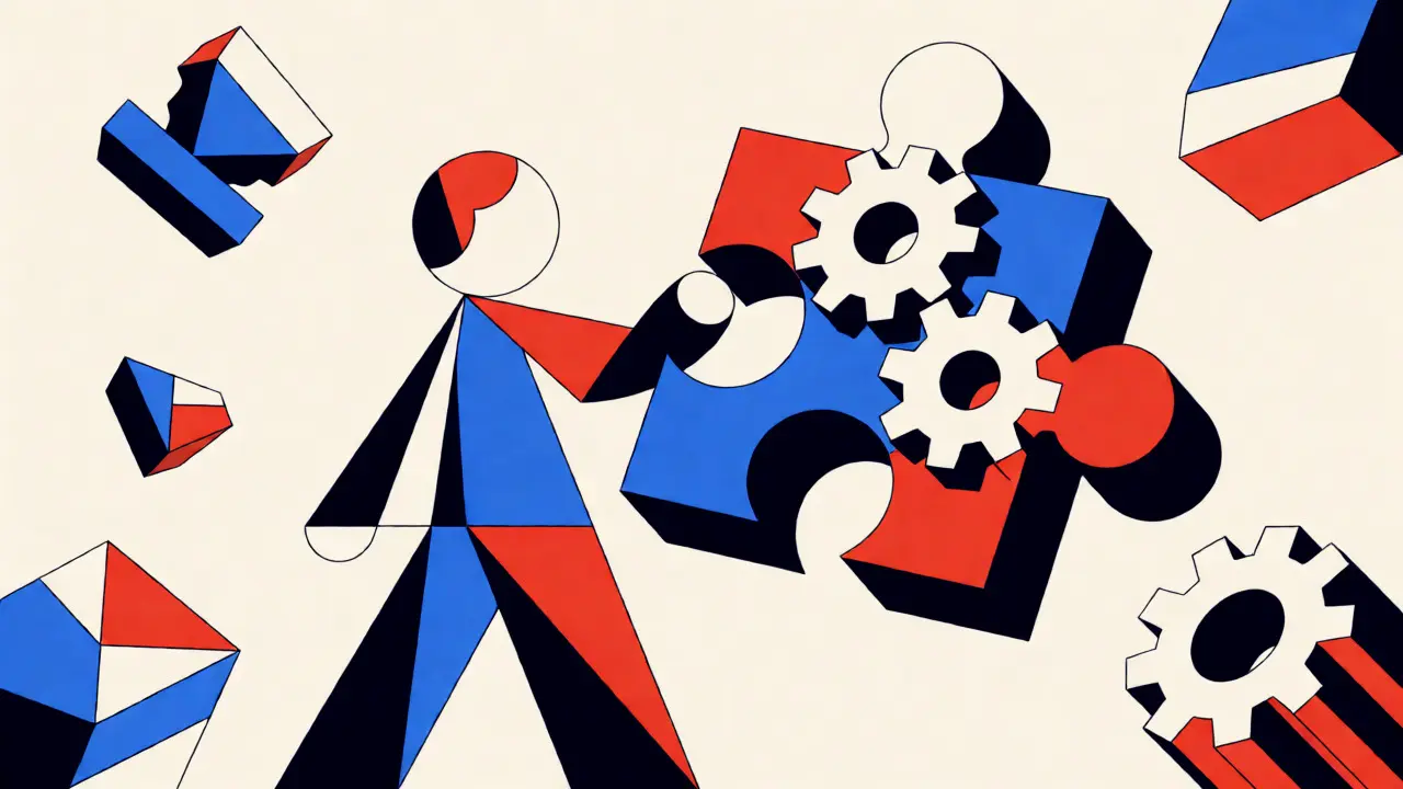 Abstract figure solving a mechanical puzzle representing crypto education and staking.