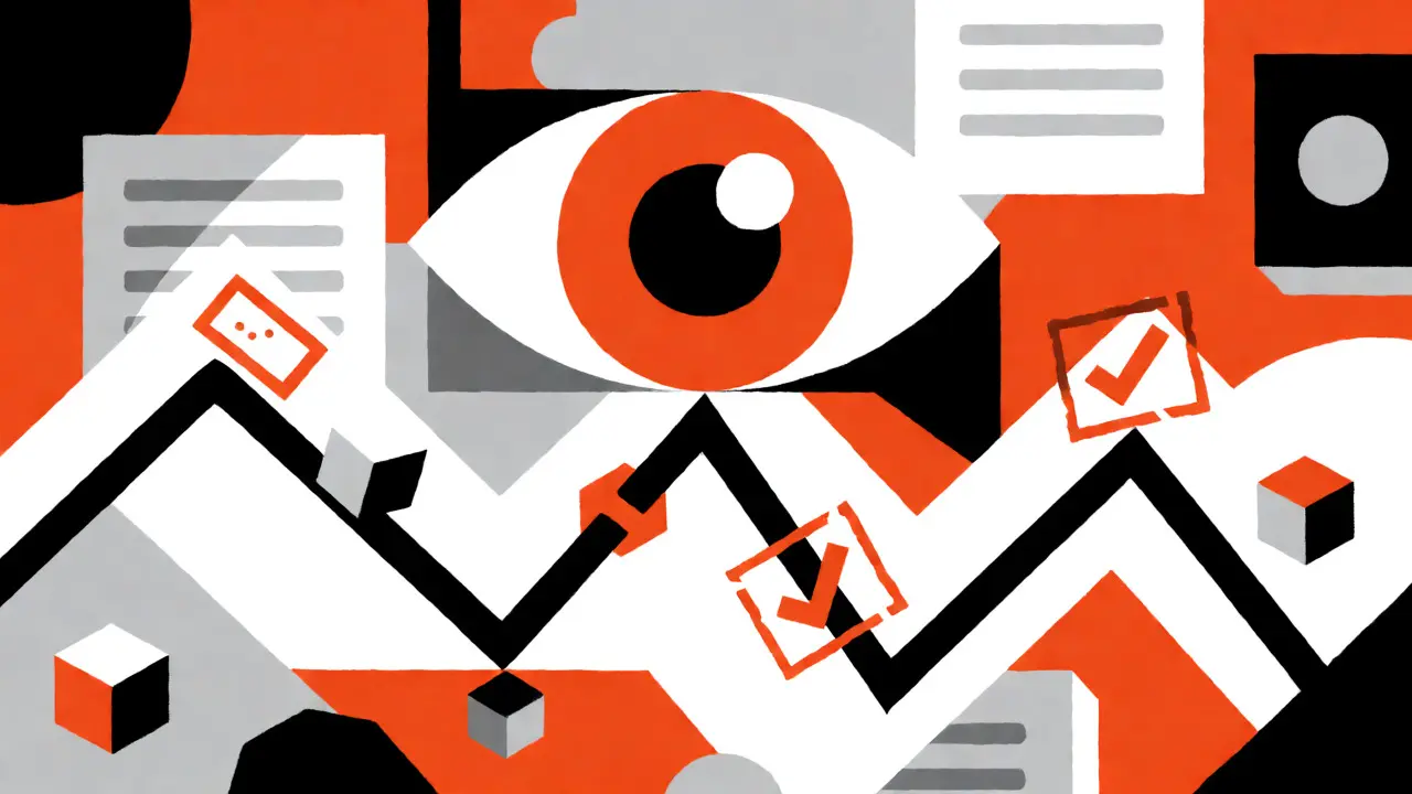 Abstract geometric art showing identity verification checkpoints on a digital transaction path.