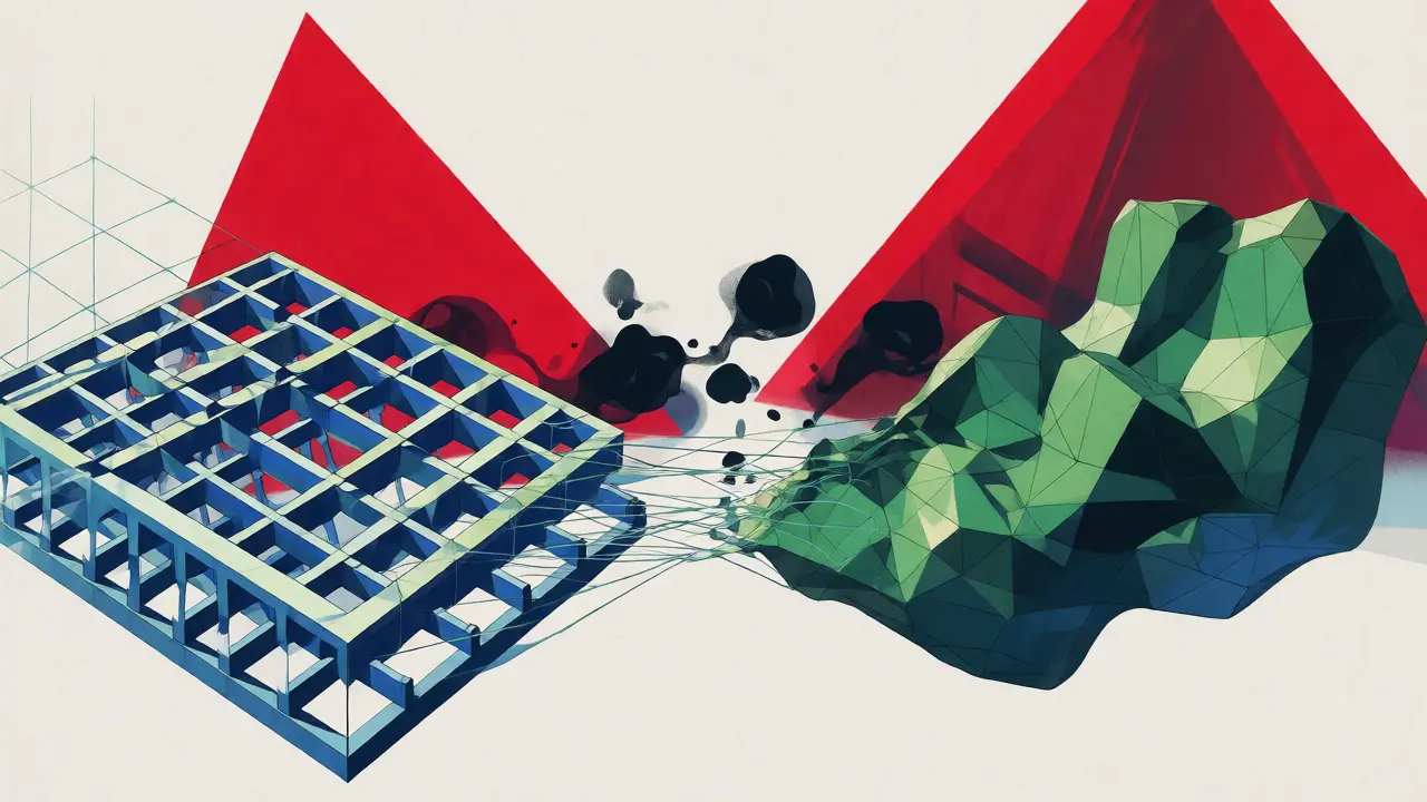 Abstract geometric islands disconnected by broken threads, symbolizing regulatory gaps.