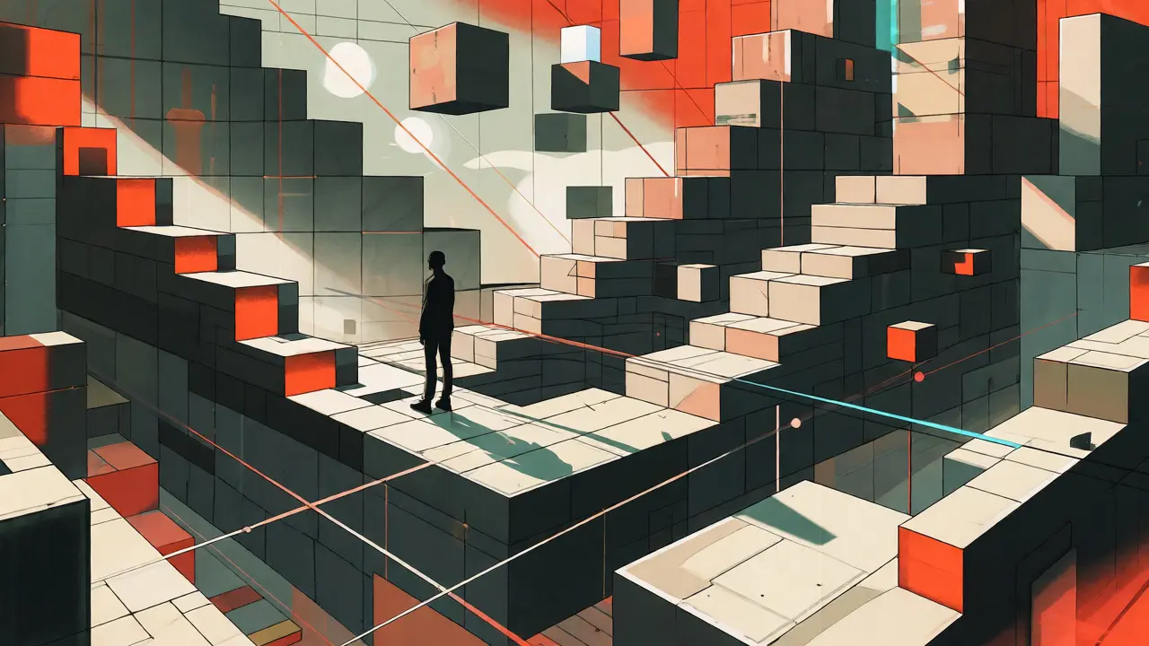 Abstract geometric metaverse landscape with a silhouetted explorer
