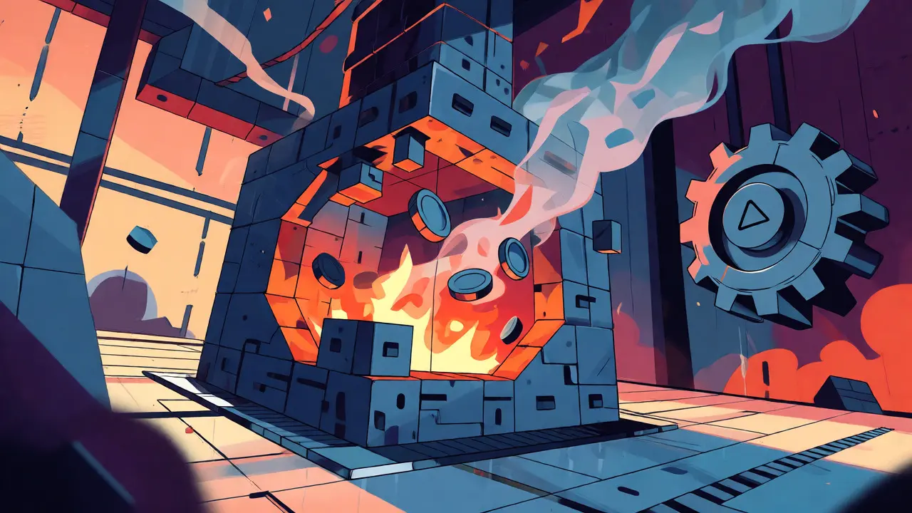 Abstract industrial furnace burning geometric crypto coins in Constructivist style