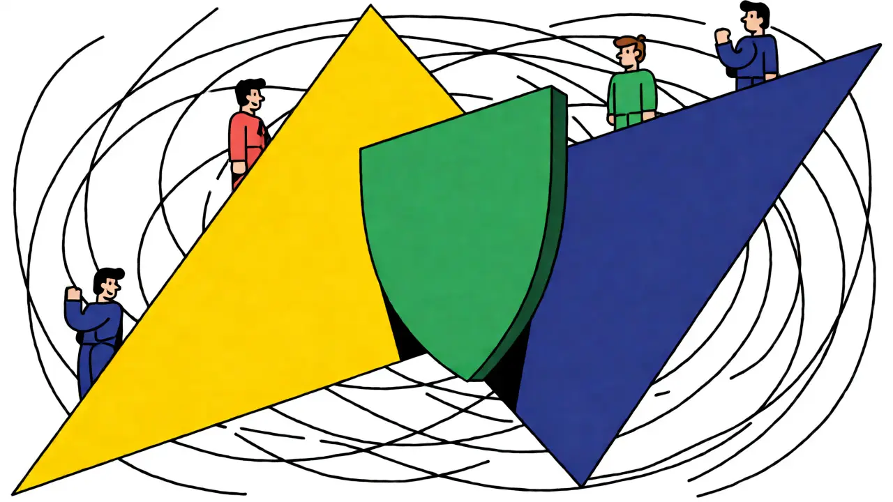 Constructivist art showing overlapping triangles representing hedging strategies
